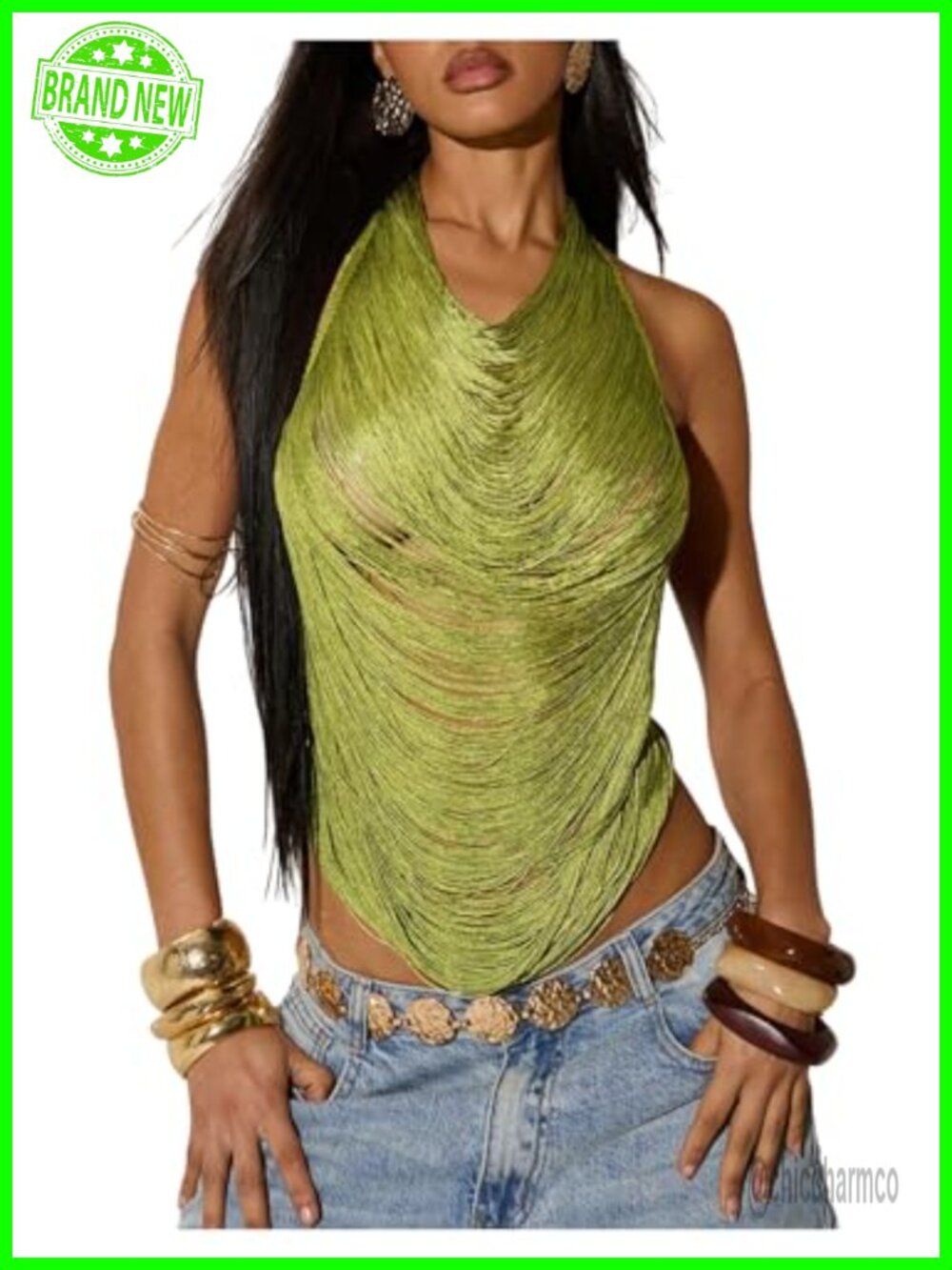 Fringe Trim Halter Tank Top Tie Backless Party Going Out Sleeveless